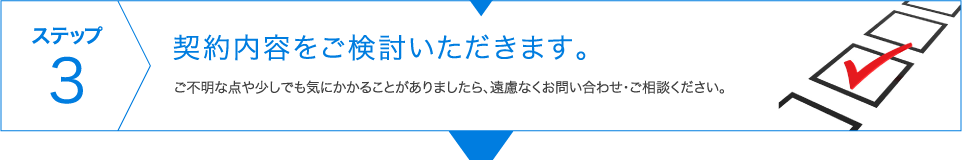 ステップ3　契約内容をご検討いただきます。 ご不明な点や少しでも気にかかることがありましたら、遠慮なくお問い合わせ・ご相談ください。